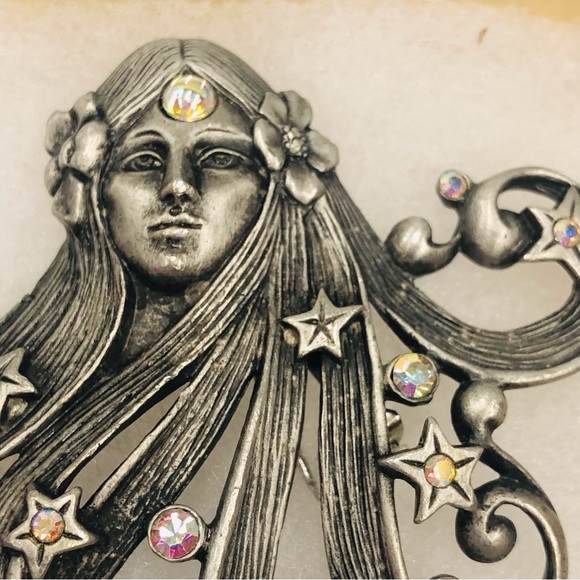 JJ Jonette Jewlery Pewter AB Rhinestone Goddess Asteria Brooch - Picture 4 of 16